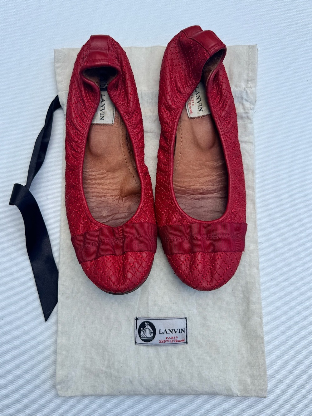 Lanvin Red Quilted Ballet Flats with Grosgrain Ribbon